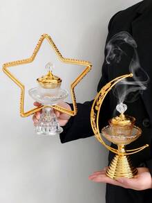 1pc Stylish Pentagram Middle Eastern Ramadan Incense Burner, Luxury Arabian Crystal Glass Aromatherapy Diffuser, Middle Eastern Gold Star Shaped Incense Holder, Indoor Craft Incense Burner, Middle Eastern Ramadan Home Decor Candle Holder - Multicolor - View 2