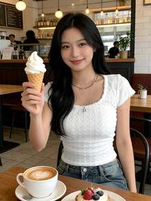 Square Neck Cropped Tie Front T-Shirt For Women - White - View 4