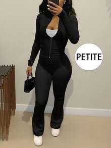 European & American Style Women's Fashion Fitted Mandarin Collar Cardigan With Thumb Hole Sleeves, Fitted Sexy Jacket & Flared Pants Set - Black - View 1