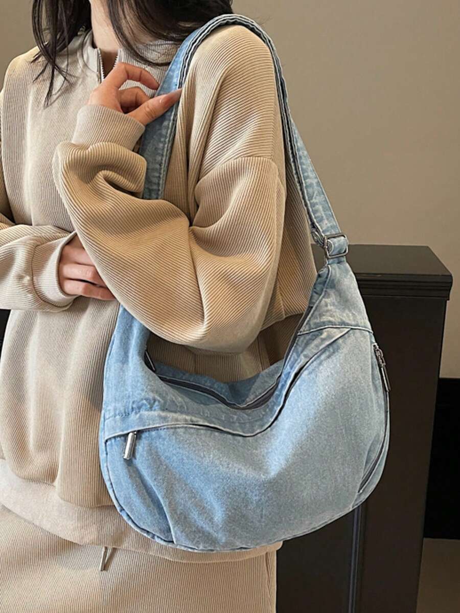 1个蓝色牛仔布新月形可折叠休闲斜挎包，多口袋拉链封口，轻便单肩包，适合夏季、通勤、运动、上学、街头穿着 - 藍色 - 查看 1