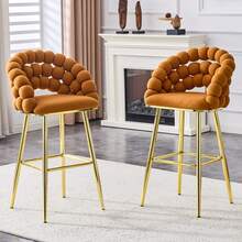 MUUOKY Set Of 2 Modern Puffy Bubble Velvet Bar Stools With Gold Metal Legs, Tufted Upholstered Accent Bar Chairs With Sculptural Design, Counter Height Seating For Kitchen Island, Home Bar, Dining Area Or Coffee, Stylish Contemporary Bar Stools With Comfortable Support, Easy To Assemble , For Thanksgiving And Christmas - 橙色+金色 - 查看 2