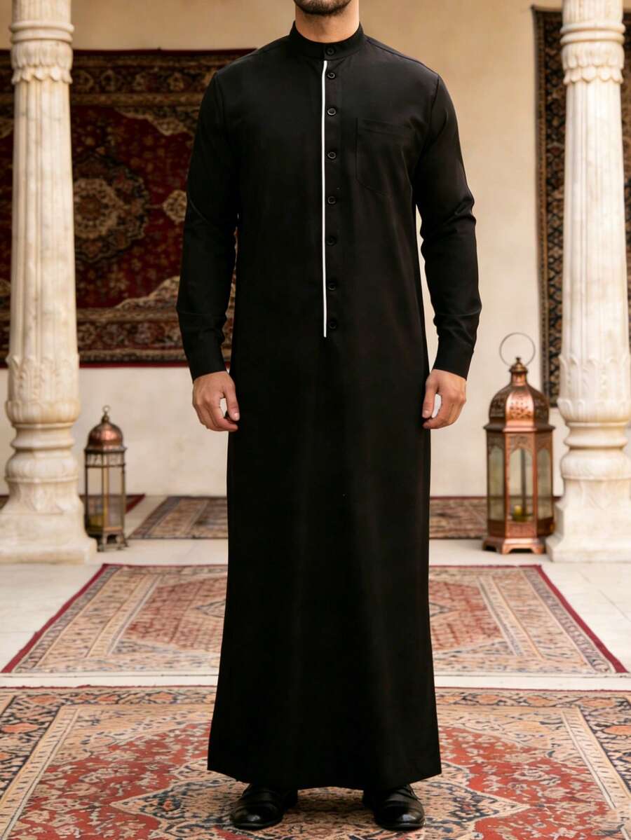 男士长袖中东风格长袍 - 黑色 - 查看 1
