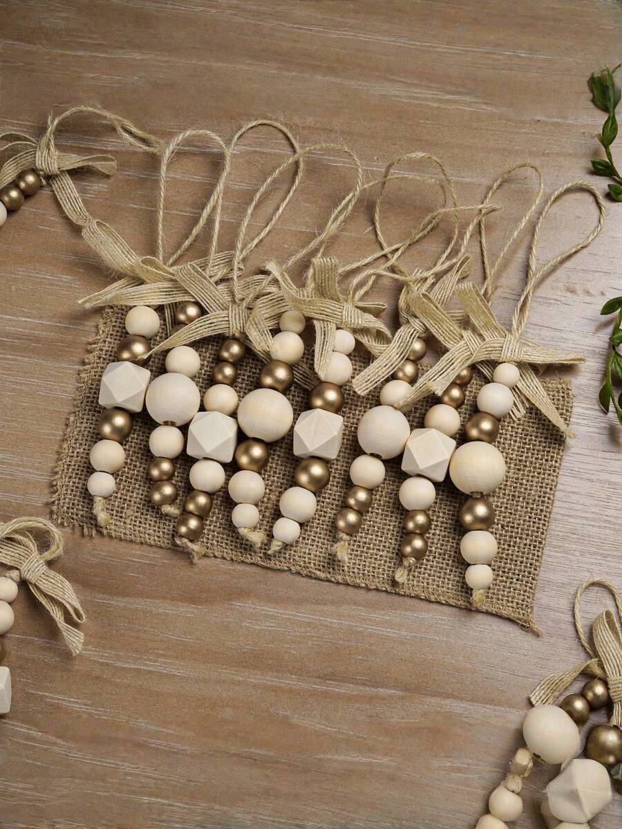 5 piezas Estilo bohemio Cuentas de madera con cuentas doradas y lazos - Decoración colgante estilo granja - Estilo granja para alquiler, árbol de celebración, adecuado para coronas, árboles festivos, arreglos florales, decoraciones de boda, belleza vintage, hecho a mano, duradero - Multicolor - Ver 1