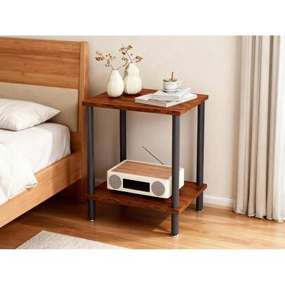 ELEVO Mesa Lateral de 2 Niveles Estilo Retro Industrial, 53.5*38*28cm Mesita de Noche con Marco Metálico, Mesa de Café para Espacios Pequeños, Resistente y Versátil para Dormitorio/Sala