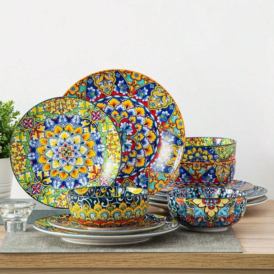 12pcs Bohemian Dinnerware Set With Dinner Plate, Dessert Plate And Bowl, Service For 4 - Bohemian-12 PCS - View 1