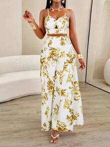 AIJ 2 piezas Conjunto de top de tirantes retorcido y pantalones anchos plisados de verano para mujer - Flores amarillas sobre fondo blanco - Ver 7