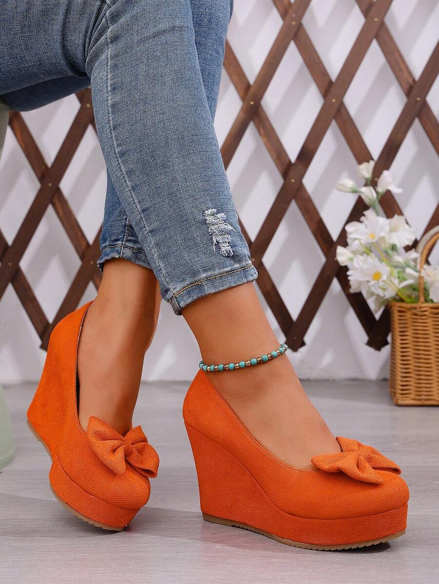 Women's Spring New Suede Bow Tie Wedge Mary Jane Shoes, Platform Thick Sole Fashionable Versatile Shoes - Orange - View 1