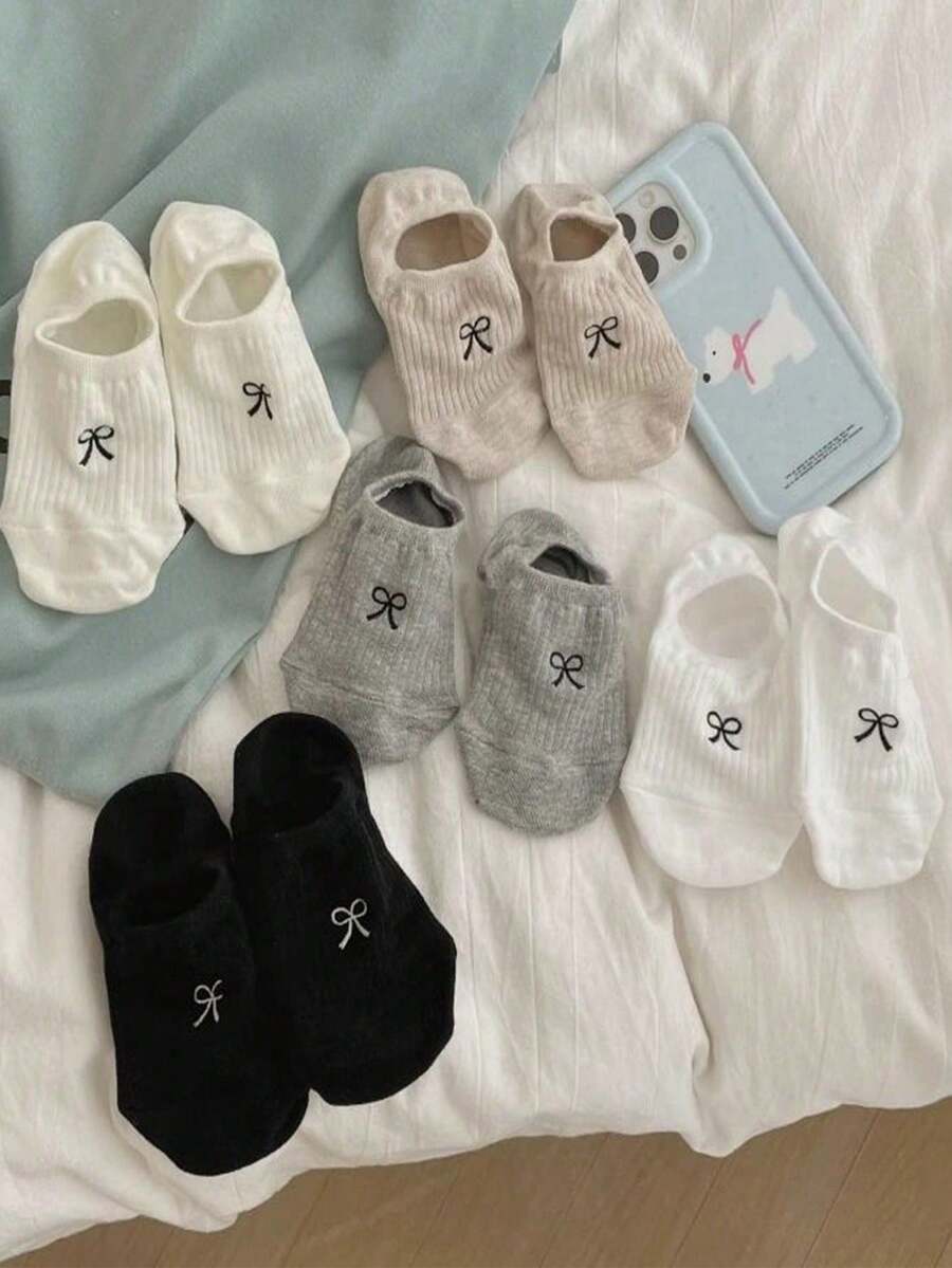 5 Pares de Meias Invisíveis de Barco Minimalistas com Laço Doce para ...