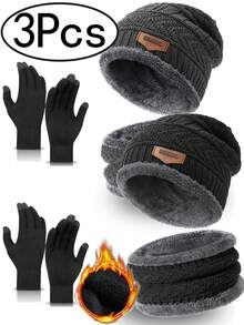 3pcs/Set Winter Knit Hat, Scarf, And Touch Screen Gloves Set, Men's Outdoor Warm Knit Hat