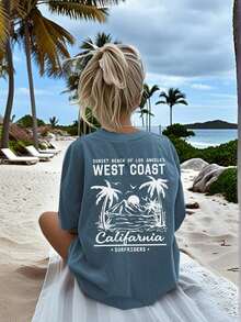 Summer Tops Mother's DayWomen's New Summer Casual Round Neck Short Sleeve T-Shirt, Simple Versatile Palm Tree Slogan Print, Suitable For Daily Wear. Graphic Tee, Women's T-Shirt Top Vacation.Loose And Comfortablesummer Clothes Easter - 灰藍色 - 查看 12