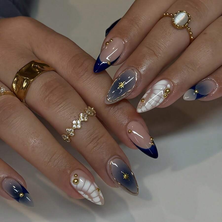 24 Minimalist High-End Almond Crocodile Stripes Gradual Change Color Navy Gradual Change Glitter Gold Edge And Gold Pearl Nail Stickers, Suitable For Women, Suitable For Daily Commuting, Dating, Beach - đàn bà - Xem 1