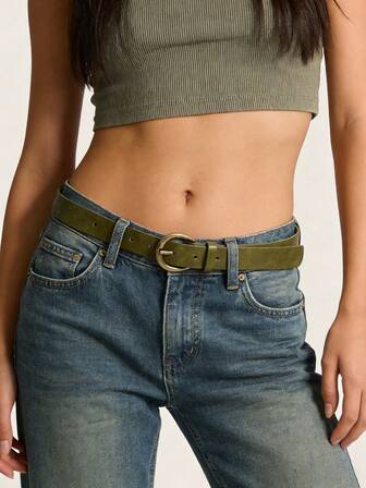 1pc Fashionable & Elegant Women's Belt, Y2K Bronze-Tone Buckle Decor Olive Green PU Leather Belt, Suitable For Dresses, Pants, Workwear, Casual Wear, Y2K Accessories, Suitable For Parties, Casual Outings, Daily Commute, Street, Campus, Dates, Shopping, Music Festivals, Valentine's Day Gift, New Year, Spring Festival