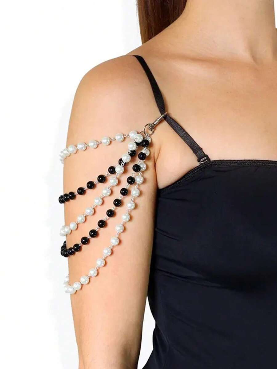 1件多层珍珠肩链，时尚欧美风晚宴派对礼服性感身体饰品 - 銀色 - 查看 1