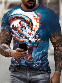 Men'S 3D Dragon Print T-Shirt - Vibrant Blue & Orange Digital Print, Casual & Stylish Fit, Comfortable Short Sleeve For Summer Outdoor Activities, Casual Summer Wear |   Vibrant Dragon Print |   Comfortable Fit - Màu hỗn hợp - Xem 1