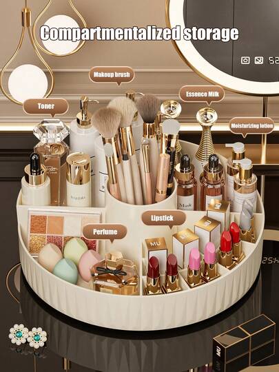360°旋转化妆品收纳架，多功能旋转化妆品收纳架，可收纳口红、眼影刷和化妆工具 | 梳妆台旋转架，大容量化妆品收纳托盘，可收纳刷子、口红、护肤品、文具、香水等。多用途收纳托盘，节省空间的化妆盒，PP材质，无需组装，化妆间装饰