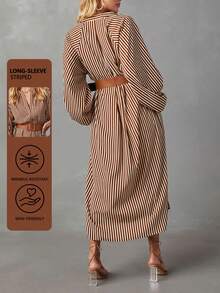 Women's 2026 Spring Striped Dress (Belt Included) - Slim-Fit V-Neck Lantern Sleeve, French Retro Color Block Office Slim-Fit A-Line Midi Dress - Màu Khaki - Xem 2