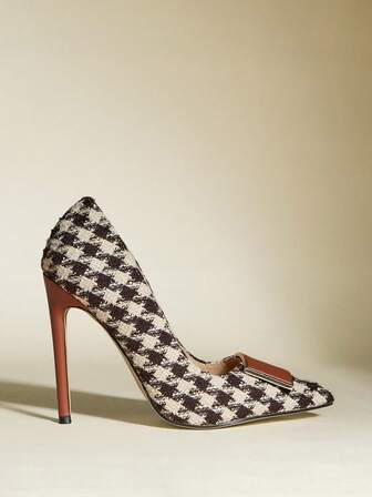 Fall/Winter Sexy Houndstooth Print Linen Women High Heel Shoes (Fabric Pattern Placement Random),Elegant
