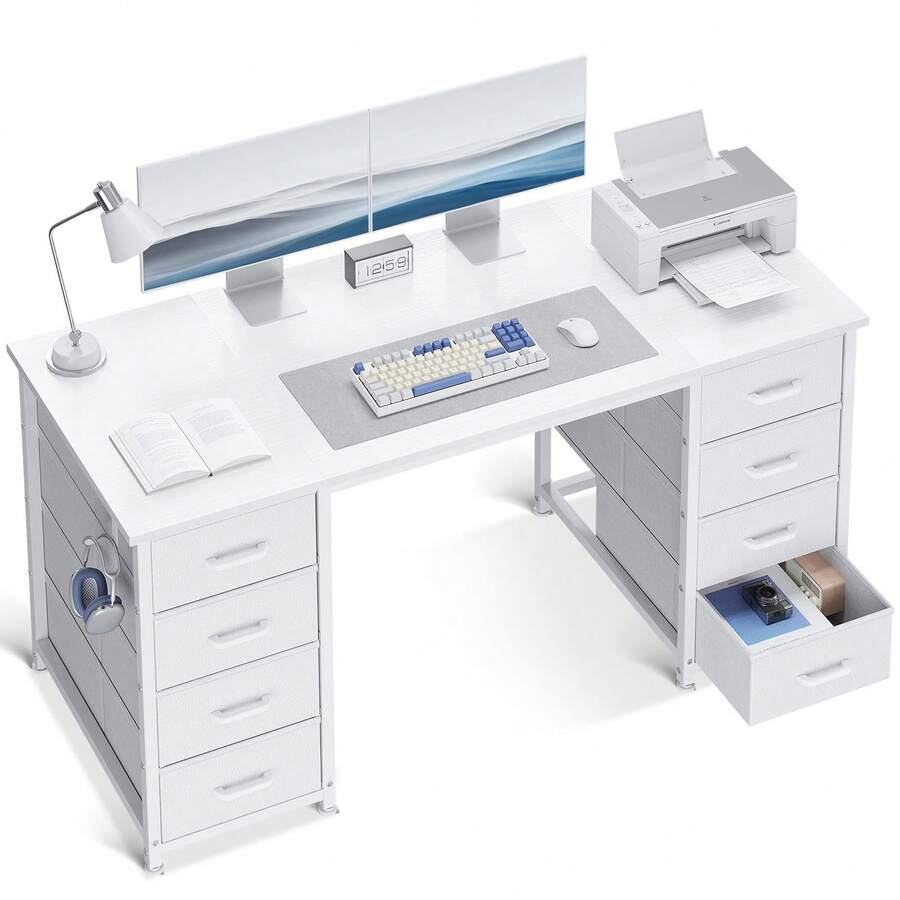 48 Inch White Computer Desk With 8 Fabric Drawers, Modern Office Desk With Large Storage For Home Office, Study, Gaming, White - 白色 - 查看 1