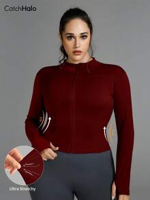 Plus Size Women Full Zip Sports Jacket, Solid Color Slim Fit High Elasticity With Thumb Hole, Suitable For Commuting, Yoga, All-Day Wear - Red - View 2
