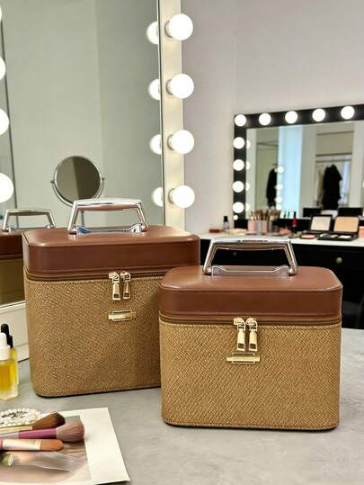 2-pack stor PU-sminkväska, förvaringslåda för kosmetika i kontrastfärg, rektangulär sminkväska med dubbel dragkedja, moderiktig minimalistisk, lämplig för förvaring av hudvårdsprodukter hemma och på resor (2 storlekar)