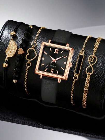 6Pcs Women's Ladies Female Black PU Leather Strap Quartz Watch Bracelet Jewelry Set Elegant Retro Square Dial Used For Daily Wear Clothing Matching Decoration Or As A Holiday Gift For Mothers And Girlfriends