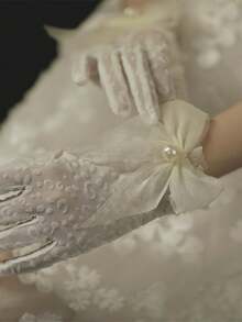 1pc Luxury Bridal Wedding Gloves, Cream White Tulle Pearl Bow Short Gloves, Lace Bridesmaid Dress Wedding Gown Accessory, Wedding Party Celebration Photography Prop, Elegant Romantic Ladies Lace Fingerless Gloves, Wedding, Valentine's Day - Multicolor - View 6