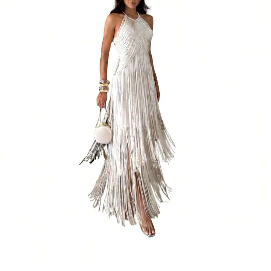 Party Party Temperament Neck Fringed Long Dress Dress Dress - 白色 - 查看 1