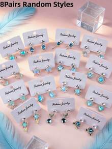 5对/套 精致可爱时尚水钻耳环 男女童款 蝴蝶心形雪花水滴随机款式 节日派对生日礼物 日常佩戴饰品 - 5對水鑽兒童耳釘 - 查看 12