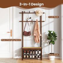 COSTWAY Bamboo Coat Rack, PE Rattan Hall Tree With Bench & Shoe Storage, 3-In-1 Entryway Bench With 2 Hanging Rods, 11 Hanging Hooks & Shelves, Brown - Brown - View 2