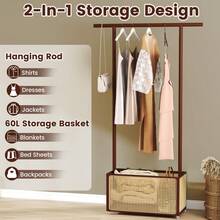 COSTWAY Bamboo Clothes Rack, Coat Hanger Stand With Rattan Storage Basket & Wheels, Rolling Garment Rack, 2-In-1 Clothing Hanging Rail For Hallway Living Room Bedroom, Brown/Natural - Brown - View 4