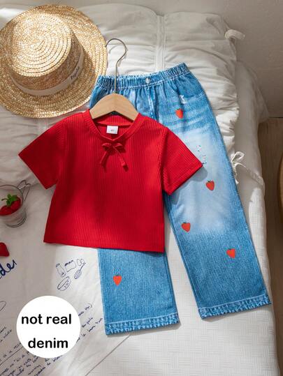 两件套女童休闲套装 - 纯色蝴蝶结装饰短袖上衣和水果印花长裤，春夏款