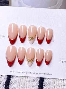 10pcs Handmade French Short Nail Stickers. This Manicure Set Includes 5 Colors: White, Pink, Gold, Blue, And Yellow, With A Charming And Design. Each Nail Sticker Is Decorated With Hand-Painted Vine Patterns That Wind Along Metallic French, And Are Embellished With Gold And Bow Accents. - Đỏ - Xem 2