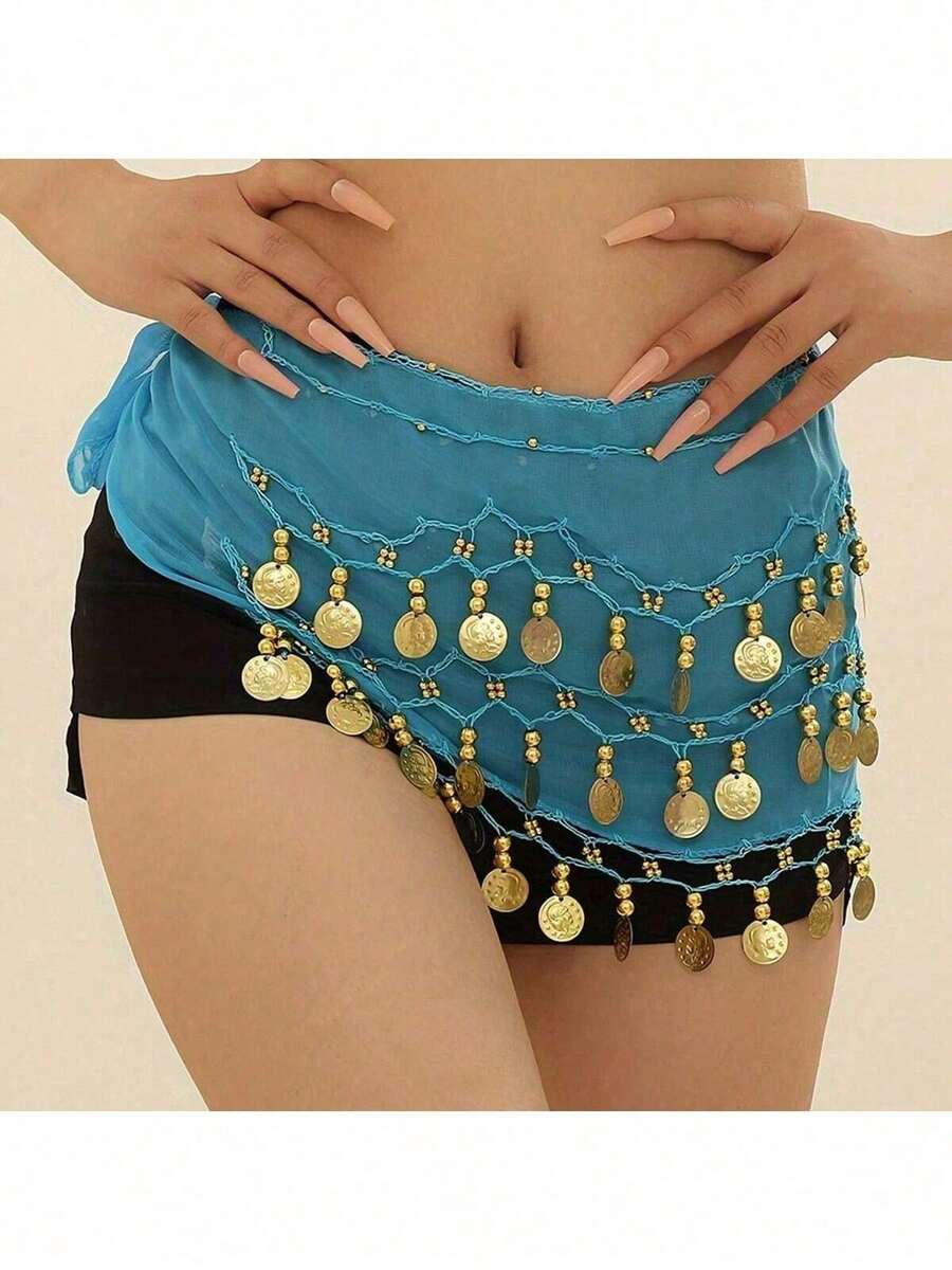 一件手工制作的多色人像金属布腰裙，装饰性肚皮舞裙，略带做旧效果，锚形图案，适合舞台表演。波西米亚风、复古风、派对、夜生活、海滩装扮、节日服装及配饰 - 彩色 - 查看 1