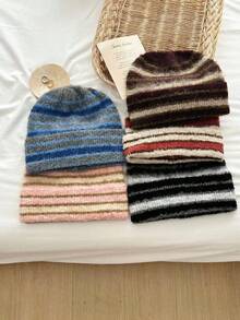 1 pieza Gorro de punto a rayas retro, orejera de invierno para mujer, gorro de punto cálido, gorro de cuello de parchwork a rayas unisex, protección de oídos cálida - Multicolor - Ver 8