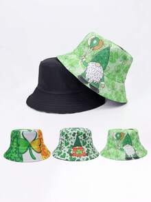 1pc Clover & Flower Print Reversible Polyester Sun Hat, Bohemian Style, UV Protection, Suitable For Spring, Summer, Autumn, St. Patrick's Day, Unisex, Irish Green Lucky Clover Wide Brim Sun Hat - Multicolor - View 8