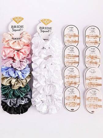 Set de 3 piezas: 2 scrunchies de satén, 2 pasadores de pelo con lámina de oro, 2 aretes de perla, 1 tarjeta de regalo, decoración para el equipo de damas de honor, regalo de despedida de soltera para la novia, accesorios de cabello para la fiesta de boda