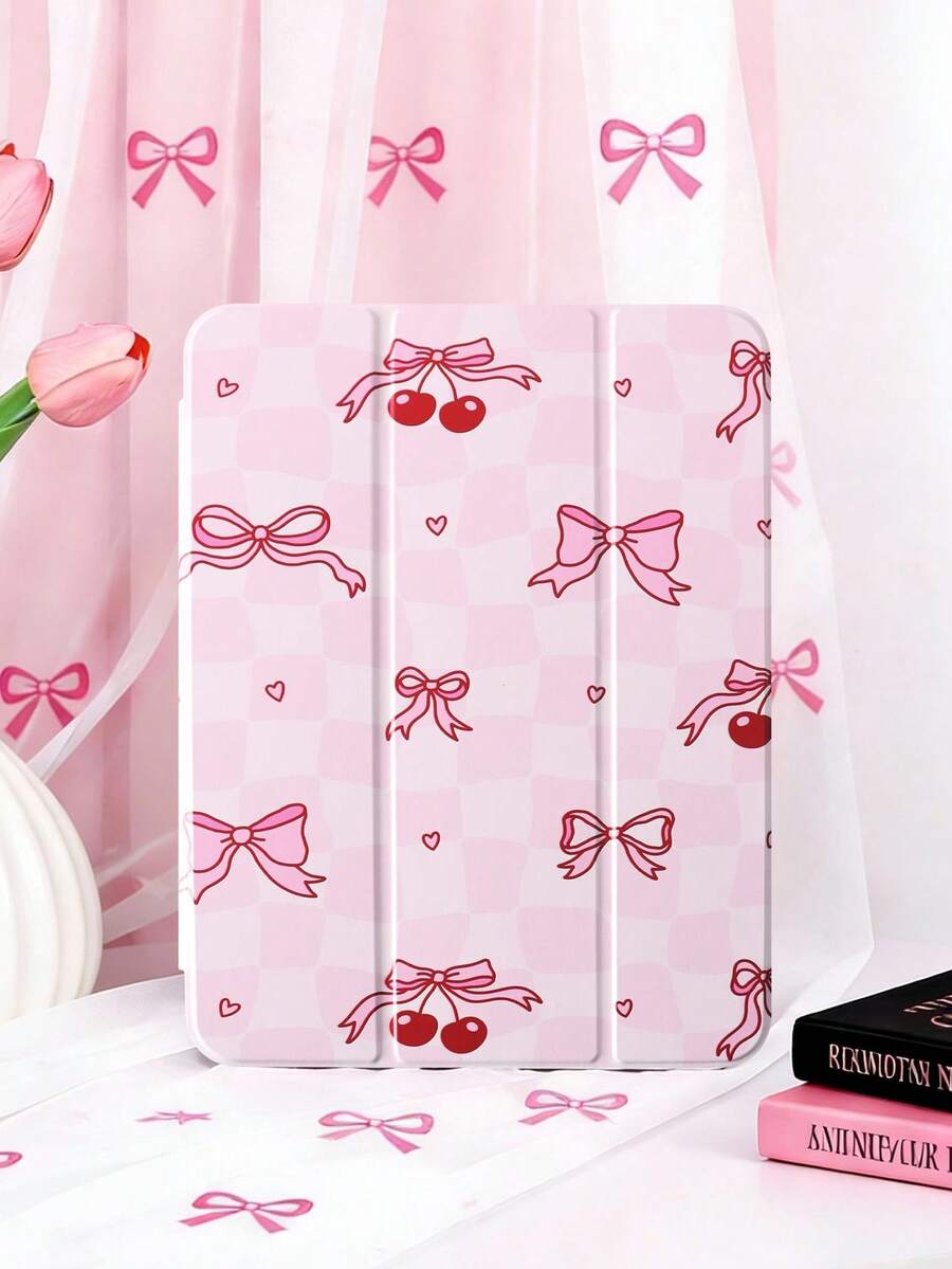 1pc Colorblock Cherry Bow Watercolor Tablet Case, Compatible With IPad 10th/11th/10.2/10.5/Air4/Air5/10.9/Pro11/Air 11-In.(M2)-2024/Pro 11-In.(M4)-2024/IPad Air 11-Inch (M3) 2025/IPad (A16) 11 Inch 11th Generation 2025, Mini6/Mini7/Air1/Air2/9.7, Tab A8 10.5 Inch 2022, Built-In Pencil Slot, Tri-Fold Stand, Magnetic Sleep/Wake, Minimalist/Creative/Unique/Fun/Cute/Niche Design (Tablet Not Included) - Multicolor - View 1