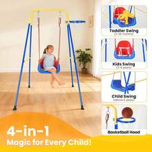 Conjunto de Columpios 4 en 1 para Niños, Columpio Exterior para Jardín, Incluye 1 Columpio de Cinturón, 1 Aro de Baloncesto con Estructura Metálica en A Resistente y Anclajes para Juegos - Azul - Ver 7