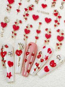 12 miếng dán móng tay hình trái tim đỏ ngày Valentine - 12 tờ dán móng tay 3D/hình trái tim/môi/nơ/mặt trăng/sao/bướm cho ngày Valentine, năm mới, Eid Al-Fitr - Miếng dán móng tay tự dính hiệu ứng hologram cực quang, phụ kiện làm móng cho nữ và bé gái, dụng cụ làm móng. - Nhiều màu - Xem 11