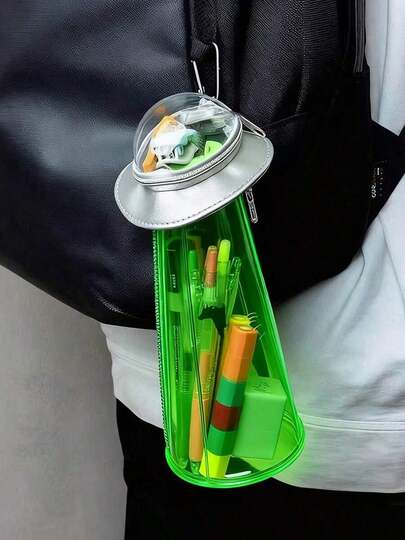 New Creative UFO-Shaped Storage Jar Pencil Case With Transparent Green Alien Doll Decoration, 4-Season Desktop Organizer Box, Fun UFO Spaceship Pen Bag, Transparent Funny Painbag Stationery Holder, Backpack Accessory (Without Hooks)