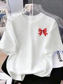 Tween Girls' Casual Bow Print Short Sleeve T-Shirt, Summer - White - View 3