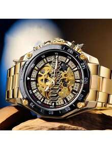 Men's Fashion Double-Sided Hollow Automatic Mechanical Watch, Classic Full Diamond Luxury Rhinestone Hollow Stylish Wristwatch