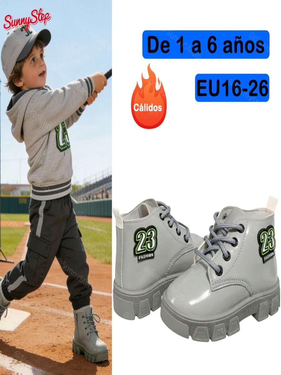 Botas Infantiles Exclusivas para Niñas: Diseño Fashion con Número 23 + Forro Cálido y Suave, Suelas Anti-deslizantes y Resistentes al Agua, Perfectas para Niñas de 1 a 6 Años en Parques, Escuelas y Salidas Familiares - Gris - Ver 1