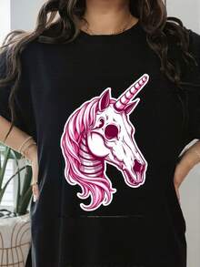 Camiseta de unicornio llamativa con diseño de calavera en algodón de alta calidad, estilo casual y moderna para eventos especiales, disponibles en negro y talla única, moda femenina,  únicas - Negro - Ver 1