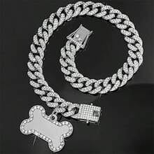 嘻哈链项链，宠物狗项链，带骨头吊坠，时尚奢华嘻哈风格，镶嵌水钻，可调节宠物项圈项链，适合猫狗佩戴 - 彩色 - 查看 16