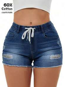 Quần short denim nữ có túi, kiểu dáng rách, dây rút co giãn, thích hợp mặc mùa hè. - Xanh đậm - Xem 3