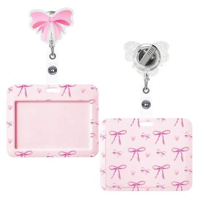 Cute Bow Print ID Badge Holder 360° Rotating Retractable Name Tag Holder Horizontal ABS Card Holder School Office Supplies