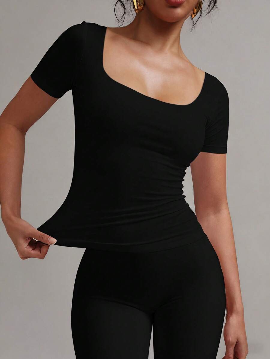 XLLAIS 2025 Summer Square Neck Short Sleeve Basic Black Top, High Stretch Double-Layer Slim Fit T-Shirt, New Year