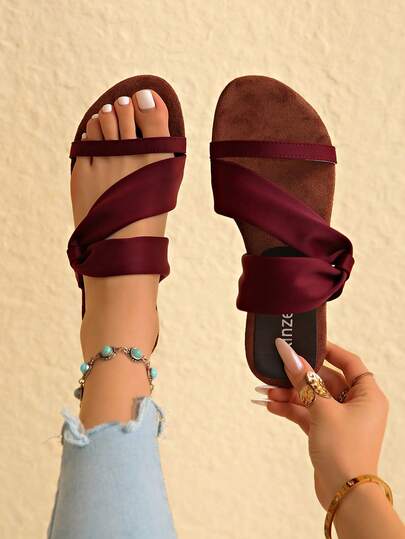 Women's Fashionable Retro Suede Flat Slip-On Open Toe Sandals, Suitable For Summer, Autumn And Winter