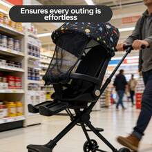 Carriolas para Bebés Plegado giratorio con un solo toque + Reclinable + Capota con Patrón de cielo estrellado Y color sólido - Negro - Ver 5